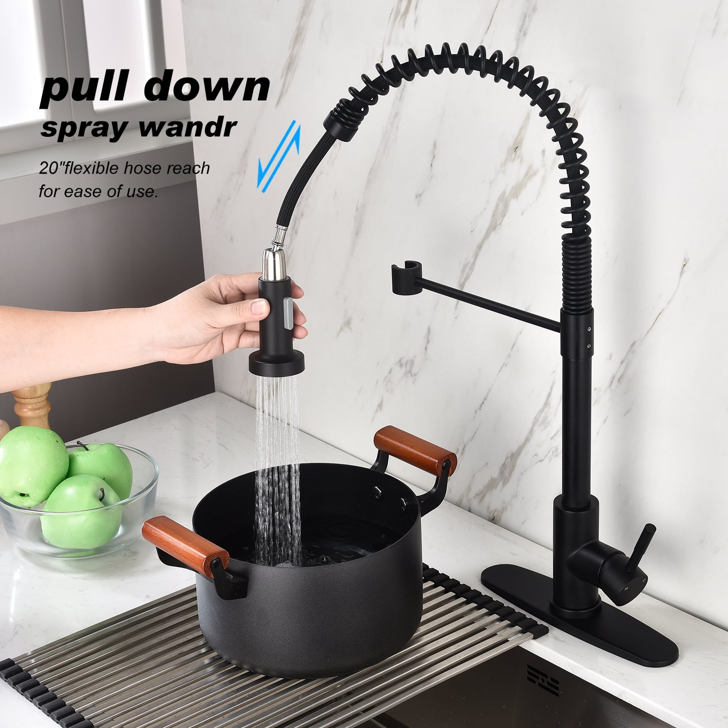 Izzovium Matte Black Kitchen Faucet with Pull Out Sprayer, 360° Swivel High-Arc Stainless Steel Faucet, Single Handle for Easy Temperature Control, 27.95in x 11.81in x 3.14in