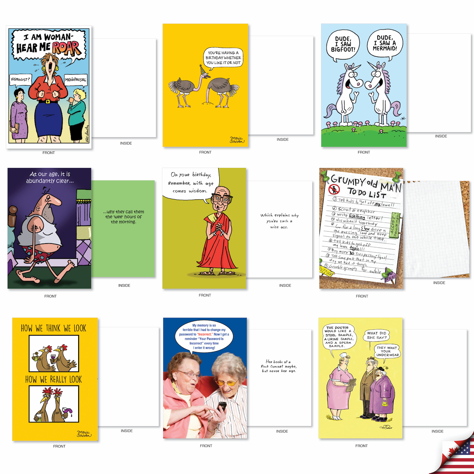 NobleWorks 36 Assorted Box Set Funny Blank Greeting Cards w/5 x 7 Inch Envelopes (36 Designs, 1 Each) Blank All Occasions Cartoon Party AC9374OCB-B1x36