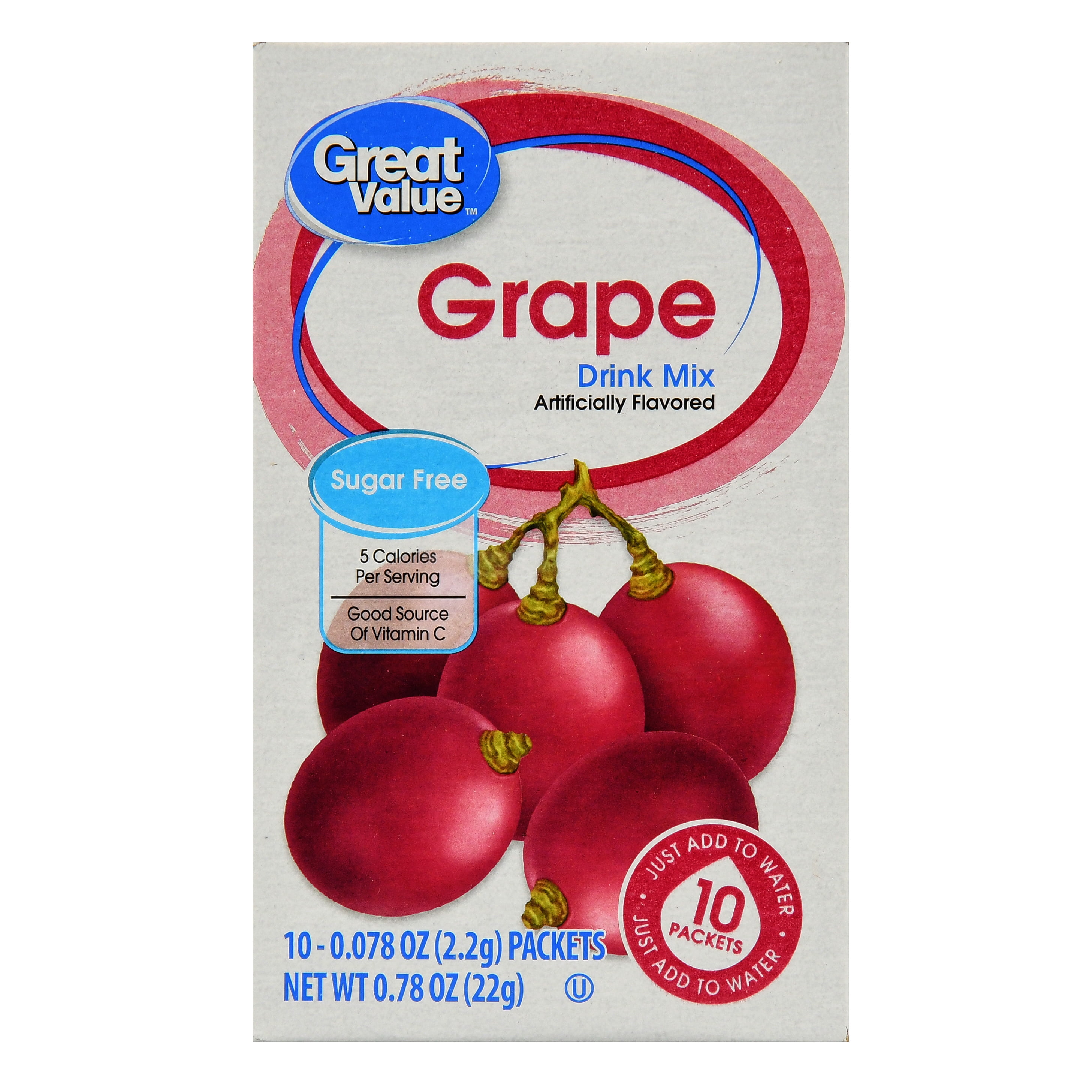 Great Value SugarFree Grape Drink Mix, 0.78 Oz., 10 Count