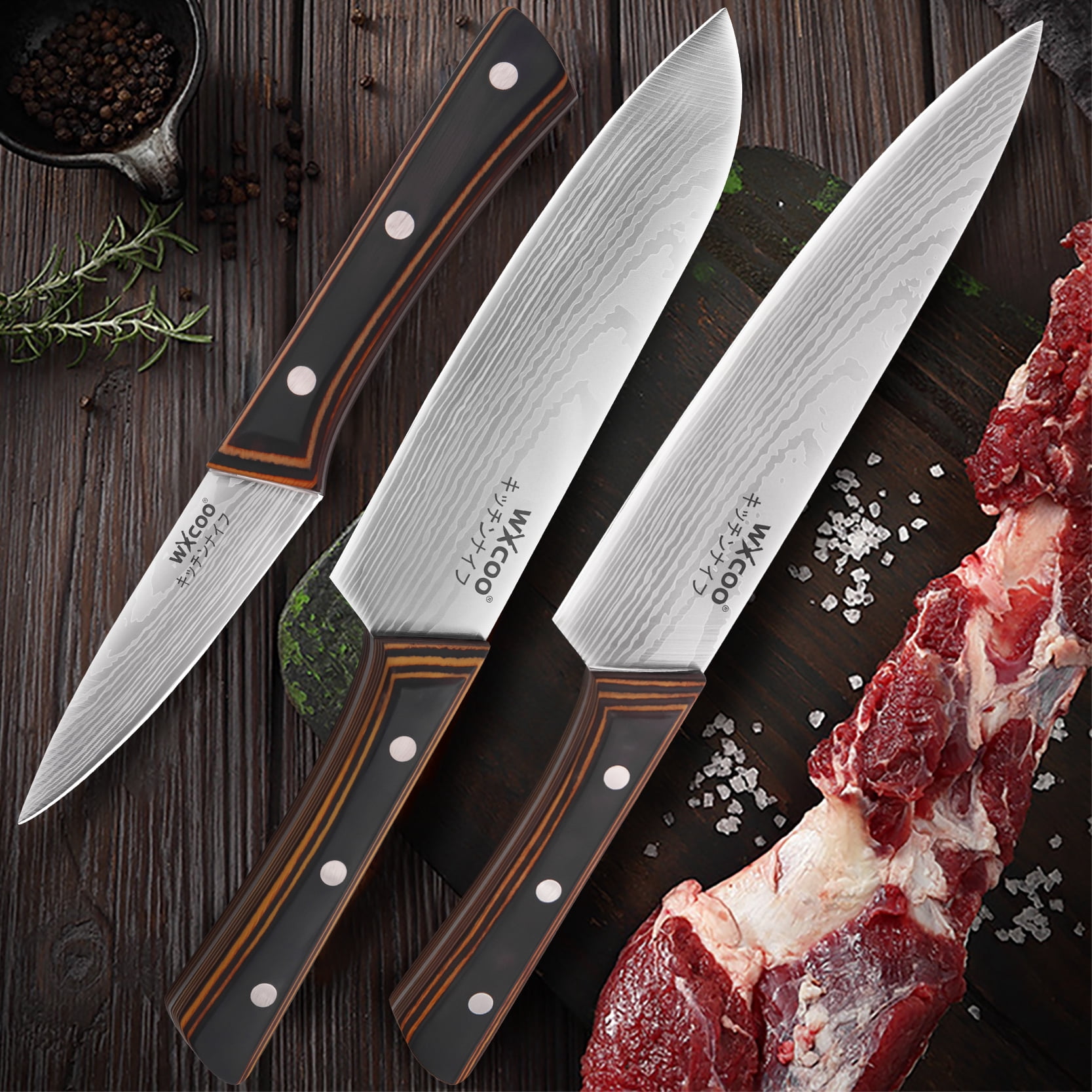 3-Piece Damascus Pattern Kitchen Knife Set, Wood Grain Handle Stainless Steel Chef Knives with Blade Guards, Sharp Multi-purpose Cooking Cutlery for Home Kitchen
