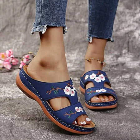 

Leather Embroidered Flower Womens Sandals Orthopedic Posture Correction Shoes