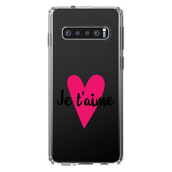 DistinctInk Clear Shockproof Hybrid Case for Samsung Galaxy S10  PLUS (6.4" Screen) - TPU Bumper Acrylic Back Tempered Glass Screen Protector - Je T'Aime - Pink Heart