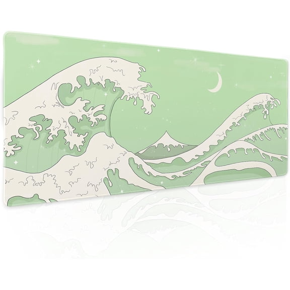 Matcha Green White Japanese Anime Gaming Mouse Pad XL Kawaii Sage Aesthetic Wave Extended Large Desk Mat Non-Slip Rubber Base Stitched Edge Keyboard Mousepad for PC Office Laptop,31.5×11.8 in