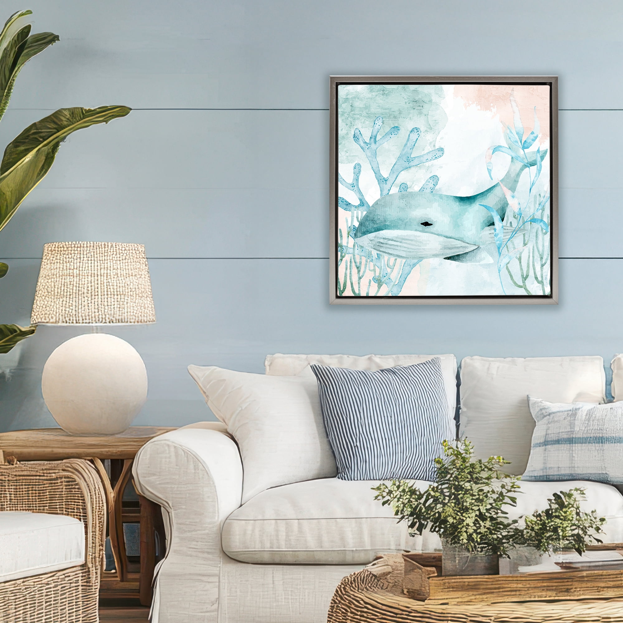Stupell Industries Whale Sea Swim Gray Framed Floater Canvas Wall Art, design by Kim Allen