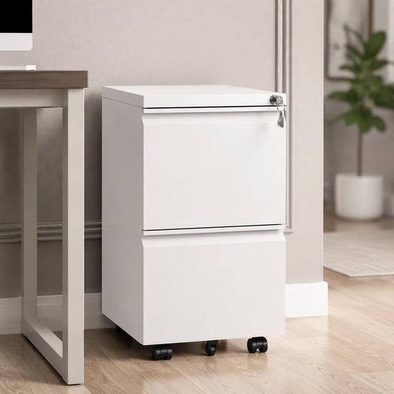 2-Drawer Rolling Metal File Cabinet with Lock, Mobile Under-Desk Storage for Letter/Legal/A4 Hanging Files, 5 Casters with Brakes, Fully Assembled (Wheels Snap On)