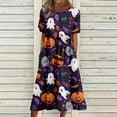 thumbnail image 3 of Women's Halloween Print Round Neck Dress with Pockets Short Sleeve Loose Midi Casual Dress Plus Size for Autumn Daily Wear Party Light Purple L, 3 of 6