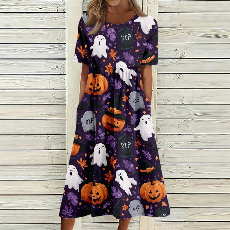 Halloween Summer Dresses for Women Comfy Funny Cartoon Ghost Medieval Dress Short Sleeve Trendy Relaxed Fit Flowy Midi Halloween Costumes for Women Light Purple S
