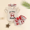 thumbnail image 2 of Baby Girl Summer Short Set Baby Girl Football Outfit Ruffle Sleeve Romper & Ruffled Bloomers with Headband 3-Piece Set, 2 of 5