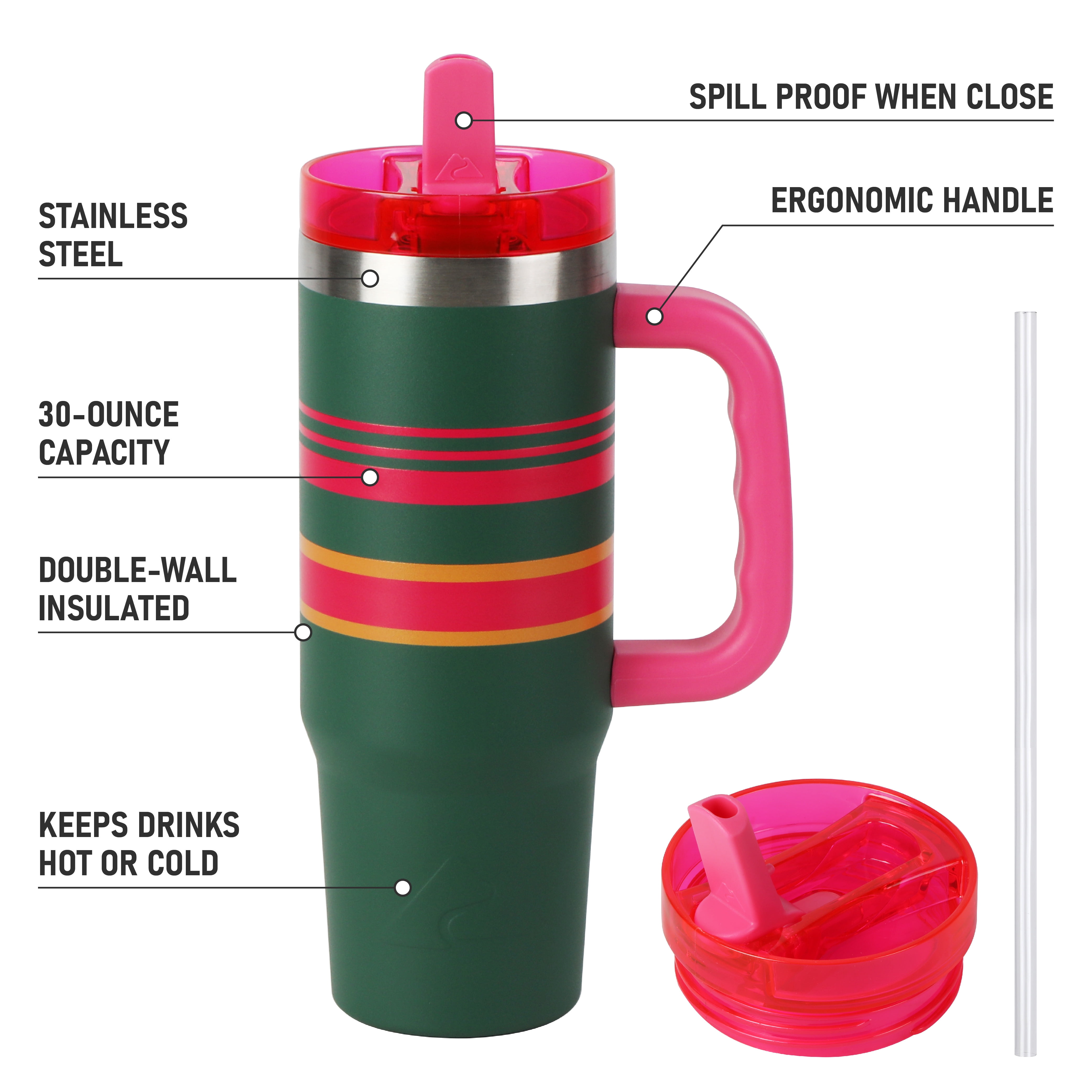 Ozark Trail Varsity 30 oz Stainless Steel Insulated Tumbler with Handle, Green and Pink Stripe