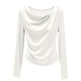 thumbnail image 4 of Lenpel Satin Blouses for Women Trendy Long Sleeve Crew Neck Ruched Curved Hem Dressy T Shirts Business Casual Tops(White,Medium), 4 of 5