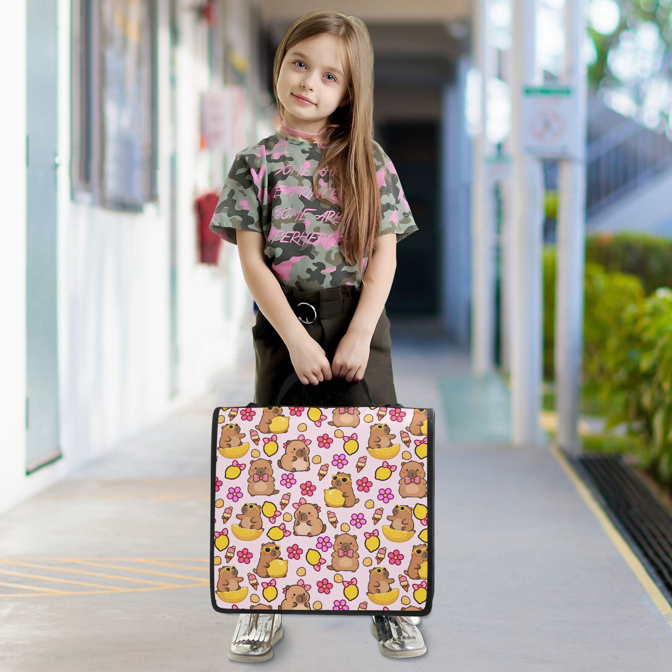 Zipper Binder Capybara Lemon Flower 1.5 Inch Binder Folder Bag with Shoulder Strap and Handle