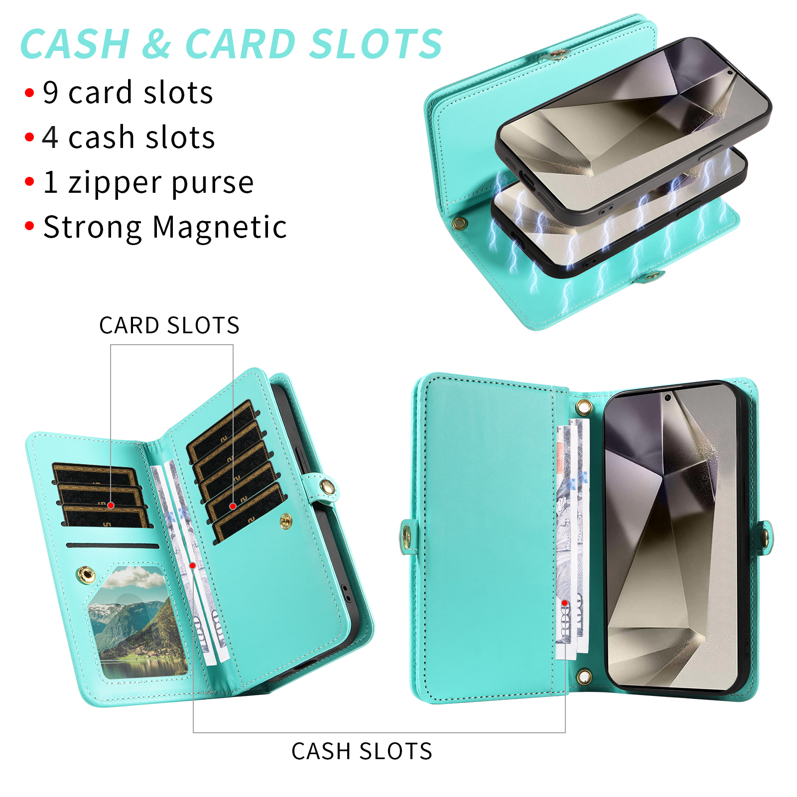 Asuwish Phone Case for Samsung Galaxy S25 Ultra 5G Zipper Wallet Detachable Cell Cover with Tempered Glass Screen Protector Crossbody Lanyard Strap Bling Glitter Flip Card Holder Slot S25Ultra Green