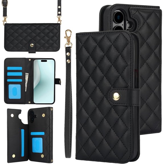 for iPhone 16/16 Plus/16 Pro/16 ProMax Wallet Case with 5 Card Slots and 1 Cash Slot and Crossbody Strap and Wrist Strap Luxury Fashion Shockproof Magnetic Flip Cover Protective,7 Color