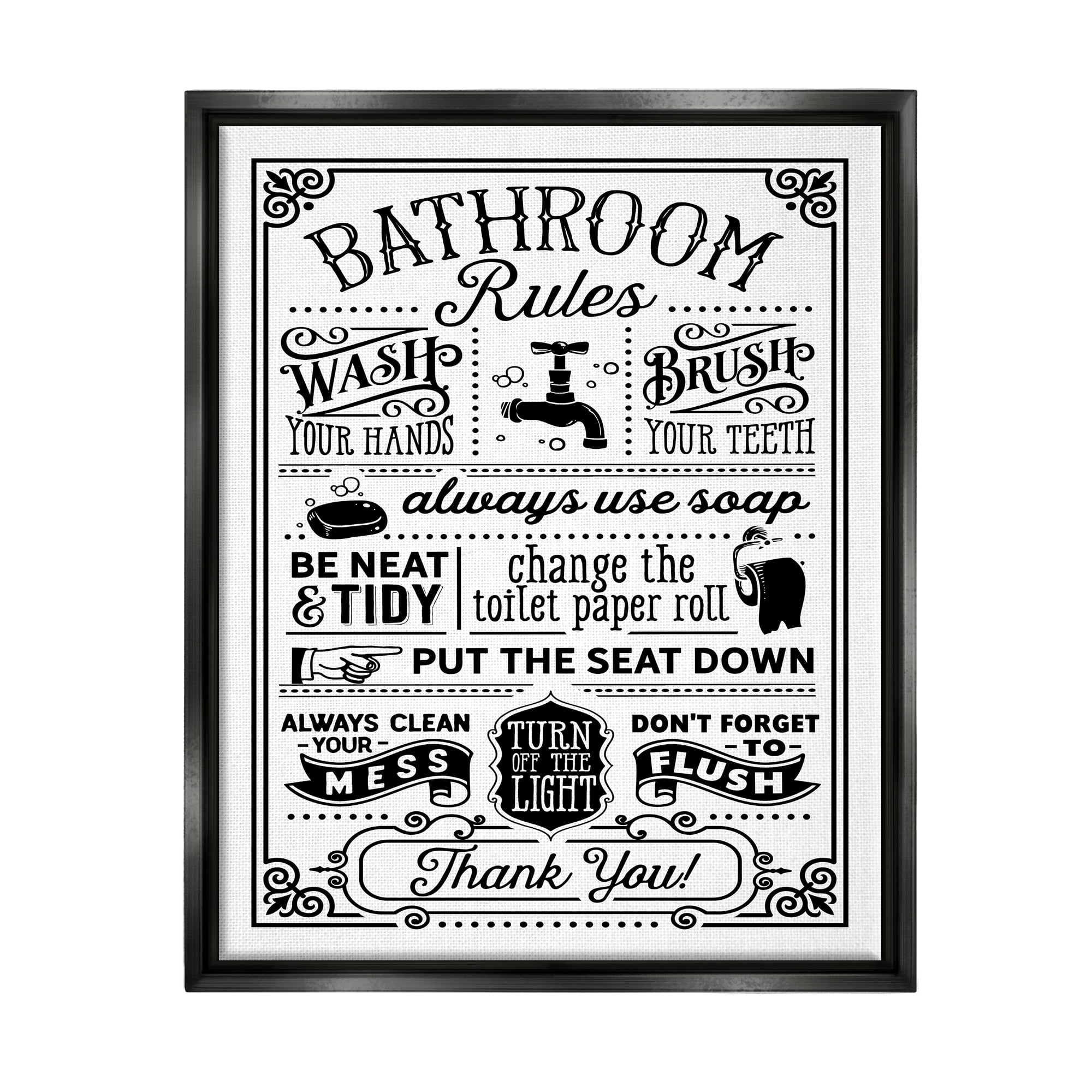 Stupell Industries Vintage Style Bathroom Rules Diagram List Border Graphic Art Jet Black Floating Framed Canvas Print Wall Art, Design by Lettered and Lined