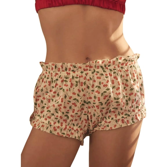 Michellecmm Women's Lounge Shorts Casual Cherry Print Elastic Waist Ruffled Bloomers for Summer