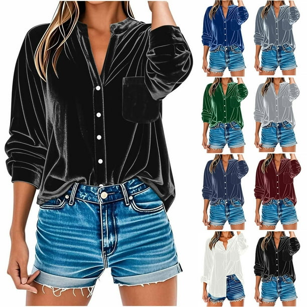Blusas para mujer,Blusa holgada de manga larga con cuello en V para mujer, con botones delanteros, de terciopelo y bolsillo, ideal para uso informal en casa, sopatenor