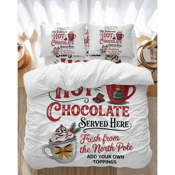 Christmas Hot Chocolate Cocoa Bedding Duvet Cover Set Full Size 4 Pieces Coffee Winter Red Cup Bedding Set with Zipper Closure, 1 Comforter Cover 86x86 Inches 1 Flat Sheet & 2 Pillow Cases