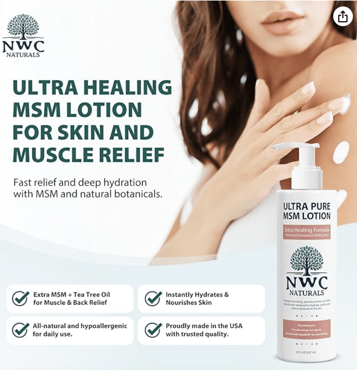 NWC Naturals UltraPure MSM Lotion All Natural Hypoallergenic ExtraHealing Nourishing Body Lotion 8 ounce
