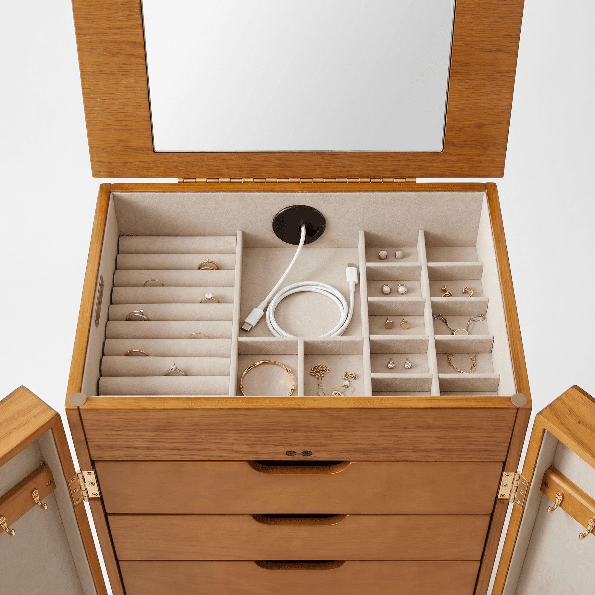 Hives & Honey Women's Chelsea Wood Jewelry Storage Armoire with Mirror Doors in Walnut