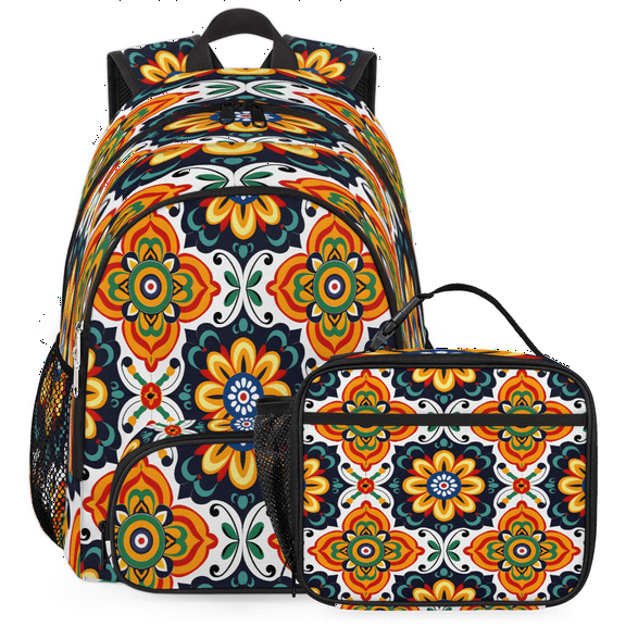 Herdesigns Mexican Art Flowers Large Backpack Set with Lunch Box Lightweight Water Resistant Travel Laptop Backpacks Casual Daypacks for Women Men
