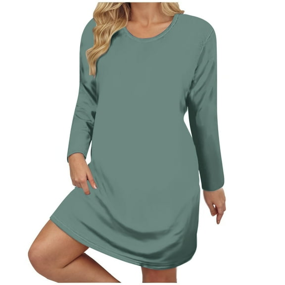 Npasoilc Summer Mini Dress for Women Crew Neck Long Sleeve T-Shirt Dress Loose Solid Color Flowy Short Skirt