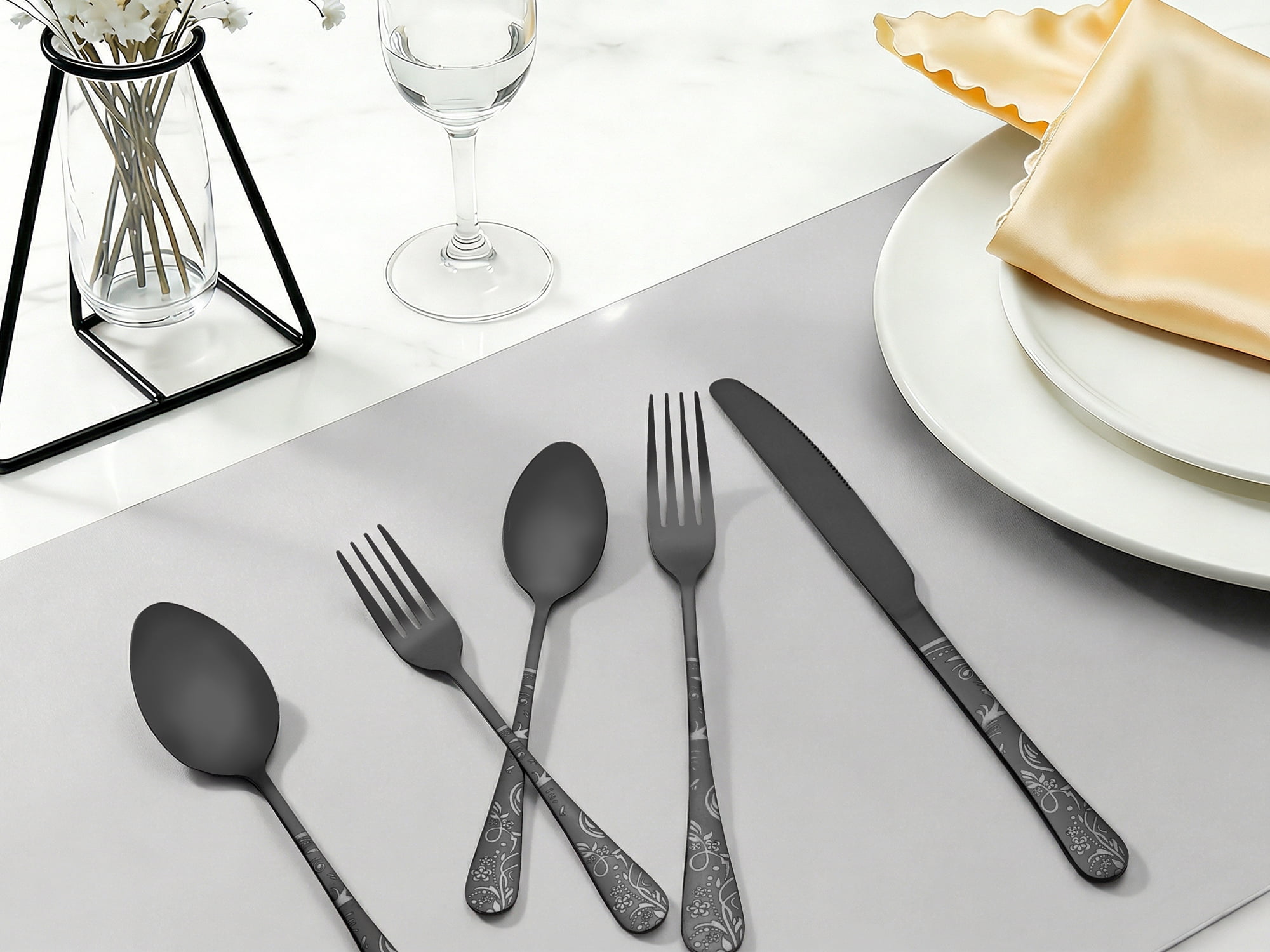 Unique Bargains 20 Piece Stainless Steel Floral Flatware Silverware Set for 4 Black