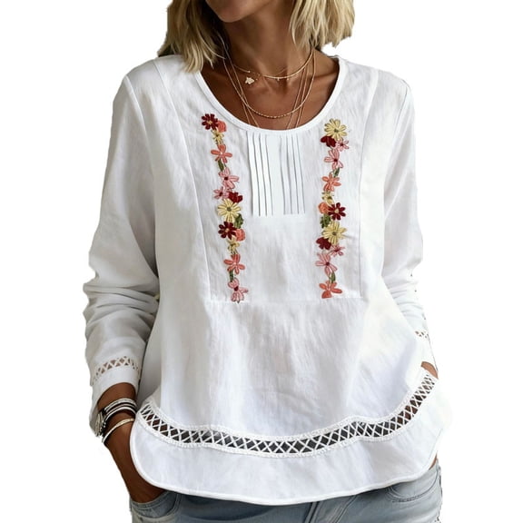 Hvot&aat Women's Boho Tops Embroidered Hollow Out Peasant Blouses Crewneck Long Sleeve Casual Tunic Pullover