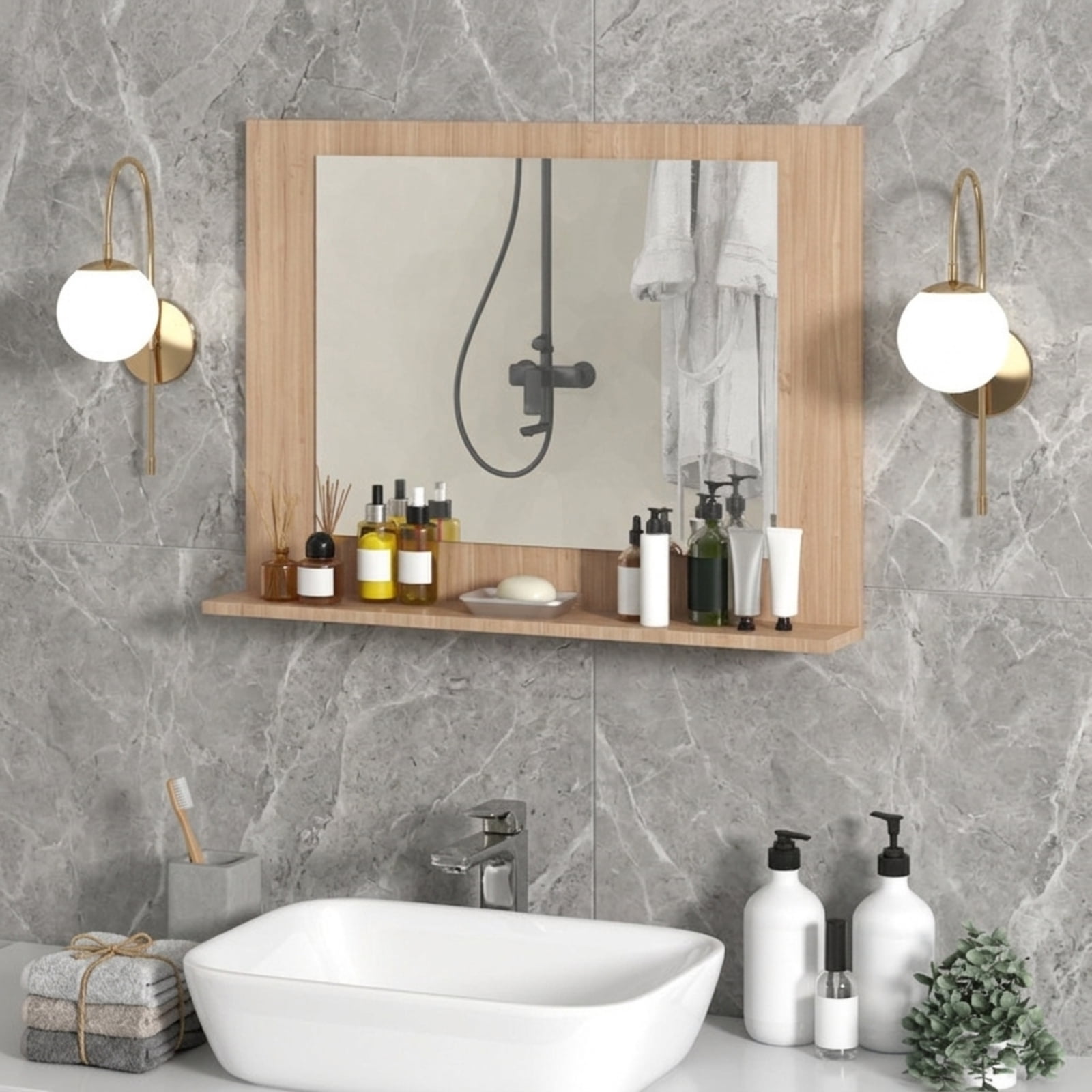 Vebreda Bathroom Wall Mirror, Rectangle Bathroom Mirror with Shelf 23.5 x 17.5 Inch and Wood Frame, Functional Design, Crystal-Clear Reflection
