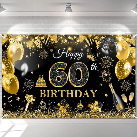 Happy 60th Birthday Backdrop for Men Women Black and Gold Glitter Balloons 60 Birthday Background 60 Years Old Birthday Party Decorations Banner Supplies Photo Booth Props