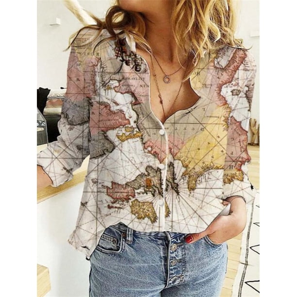 Camisas Vintage con estampado de mapa del mundo para mujer, blusas informales de manga larga con cuello vuelto y botonadura única, novedad de otoño, 2021