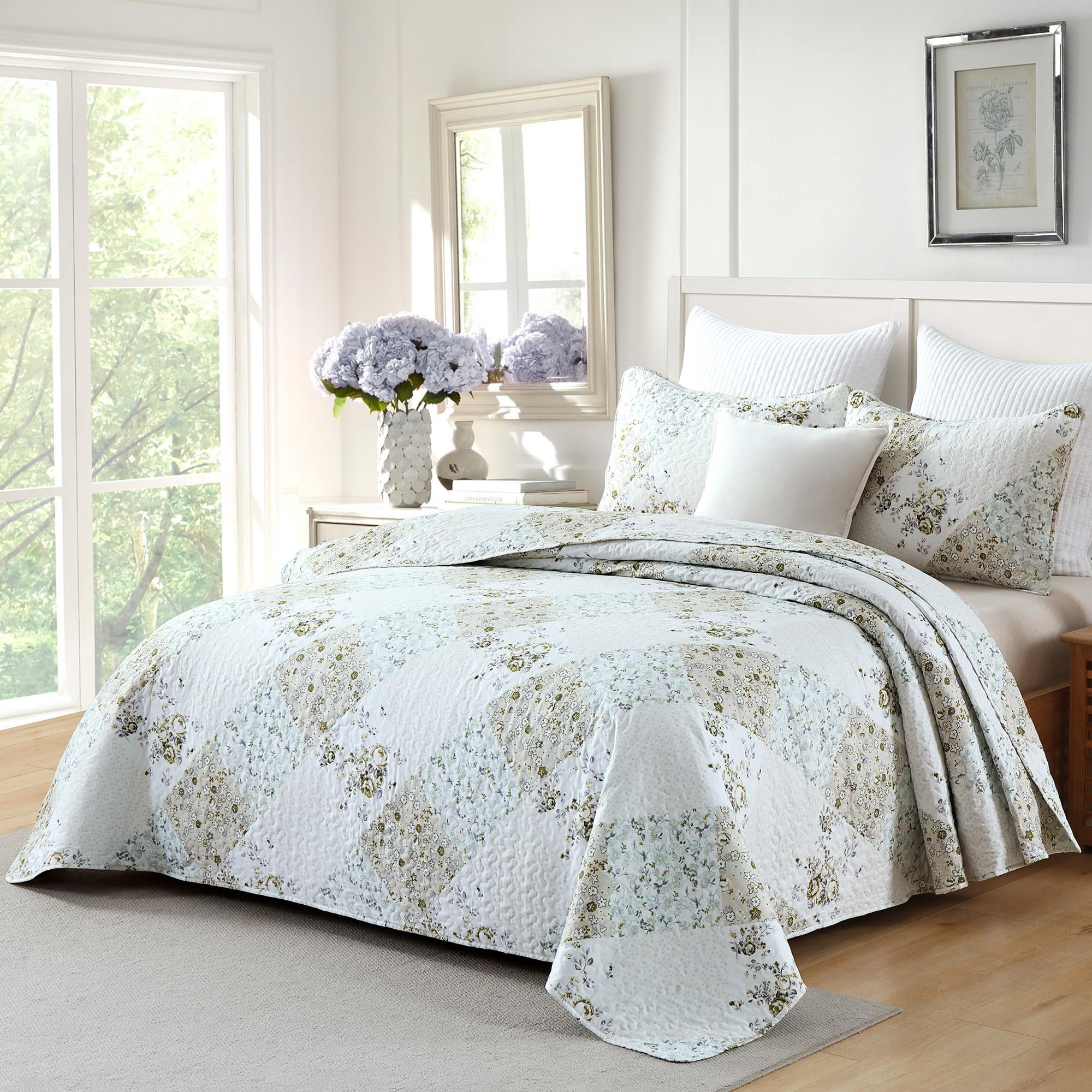 3-Piece King Size Quilt Set, Greagle Lightweight Patchwork King Spring Summer Quilt Bedspreads Full Size Bedding Set with Pillow Shams, 104x90 inch Beige Floral Plaid Print