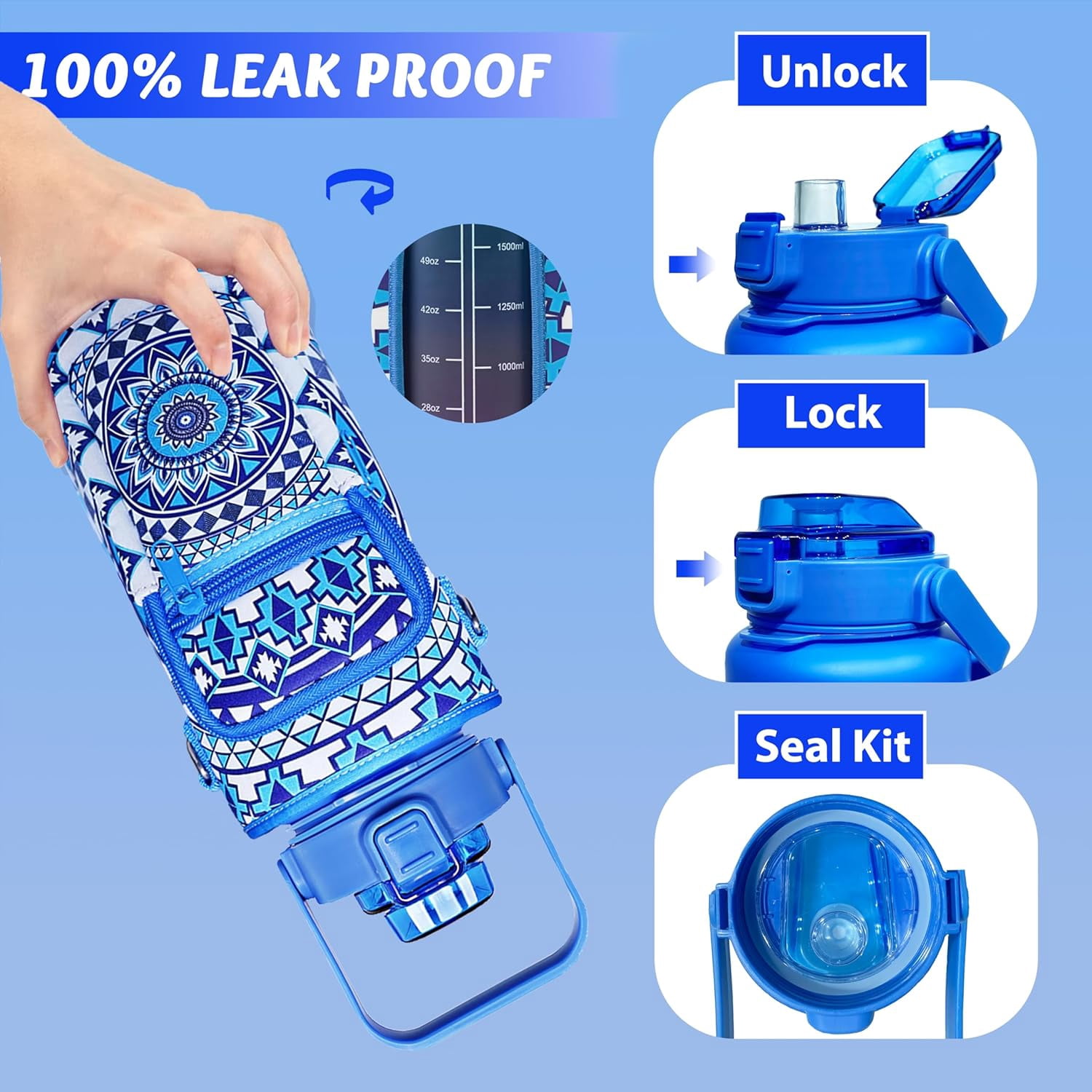 64 oz Water Bottle with Straw Sleeve & Strap Motivational BPA Free Half Gallon Water Jug with Handle for Gym Women Men Aesthetic Water Bottle with Strap Datura