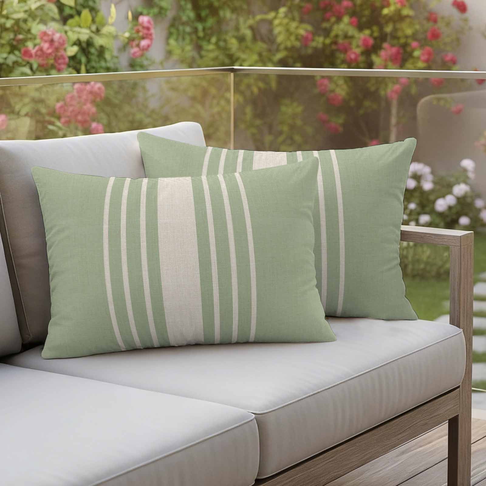 Sage Green Beige Striped Outdoor Waterproof Pillow Covers, Modern Farmhouse Retro Lines Decorative Rectangle Throw Pillowcase Sofa Cushion Sham for Patio/Couch/Chair, 20"x12" 2 Pack