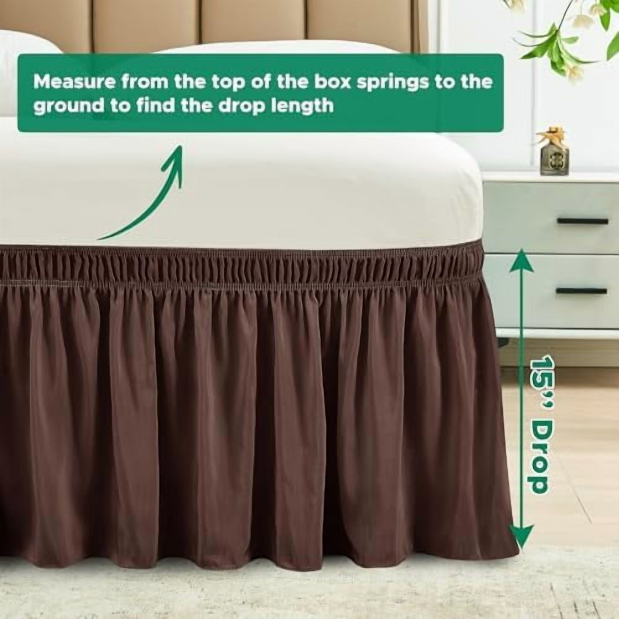 Wrap Around Bed Skirts for Queen Beds 15" Drop, Brown Adjustable Elastic Dust Ruffles Easy Fit Wrinkle & Fade Resistant Silky Luxurious Fabric Machine Washable