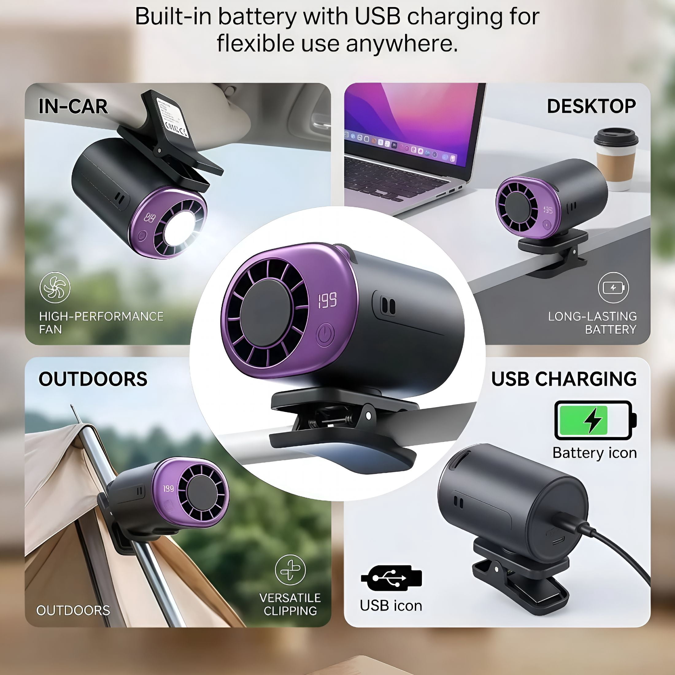 HIBIBUD Clip on Car Air Conditioner Fan with Led Display,Usb Rechargeable Portable Mini Fan,360° Rotation 199 Speed Adjustable Personal Cooling Fan for Office Beach Camping (Black)