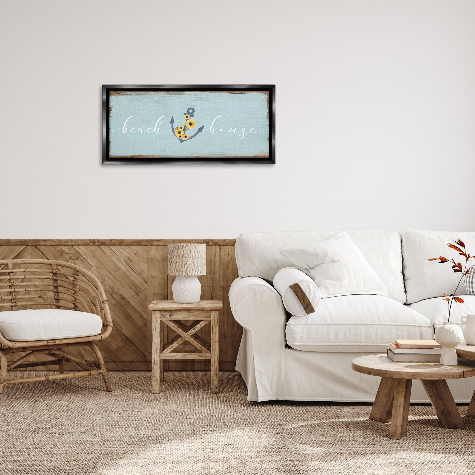 Stupell Industries Beach House with Floral Anchor Nature Painting Black Floater Framed Canvas Art Print Wall Art, 31 x 14