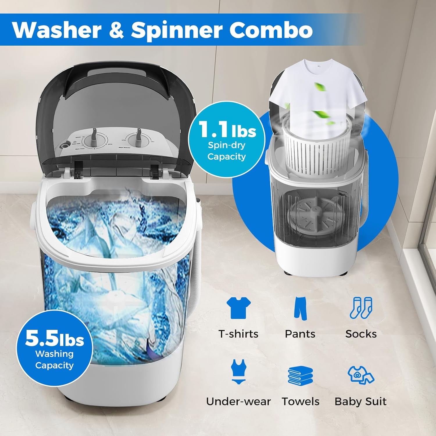 Mini Portable Washing Machine, 5.5 lbs Capacity, Compact Laundry Washer with Spin Tub & Drain Hose, Perfect for Apartment Dorms RV Home (Grey)