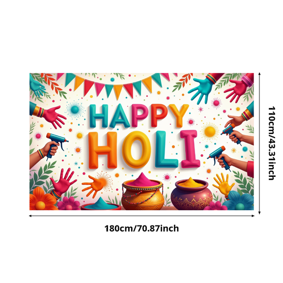 Colorful Theme Happy Holi Festival Banner Decorative Design Colored Powder Polyester Material for Festival Celebration Outdoor Event Party Decoration