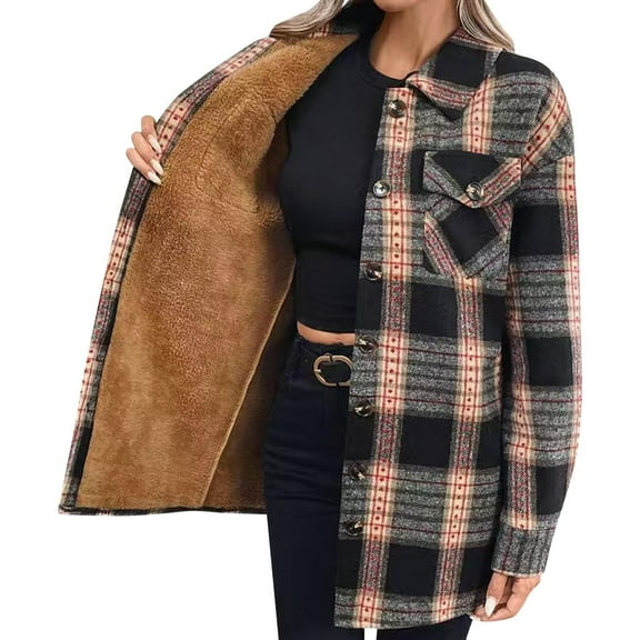 Flannel Plaid Shackets for Women Lapel Collar Button Down Shirt Jacket Sherpa Fleece Lined Winter Coat with Pocket (XL, Black)