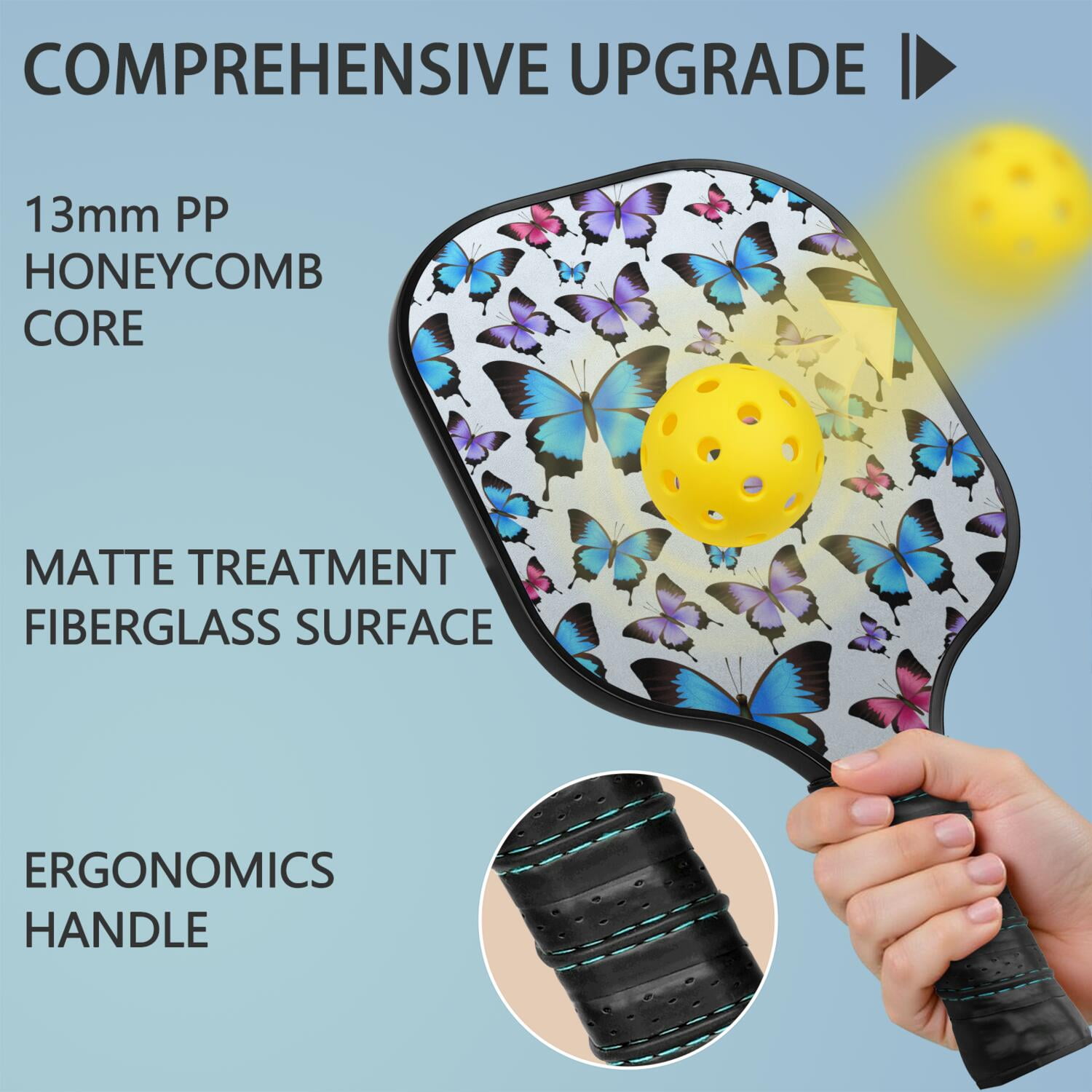 Pickleball Paddles Set Of 2, Fiberglass Surface, Vintage Floral & Butterfly, 4 Balls & Bag