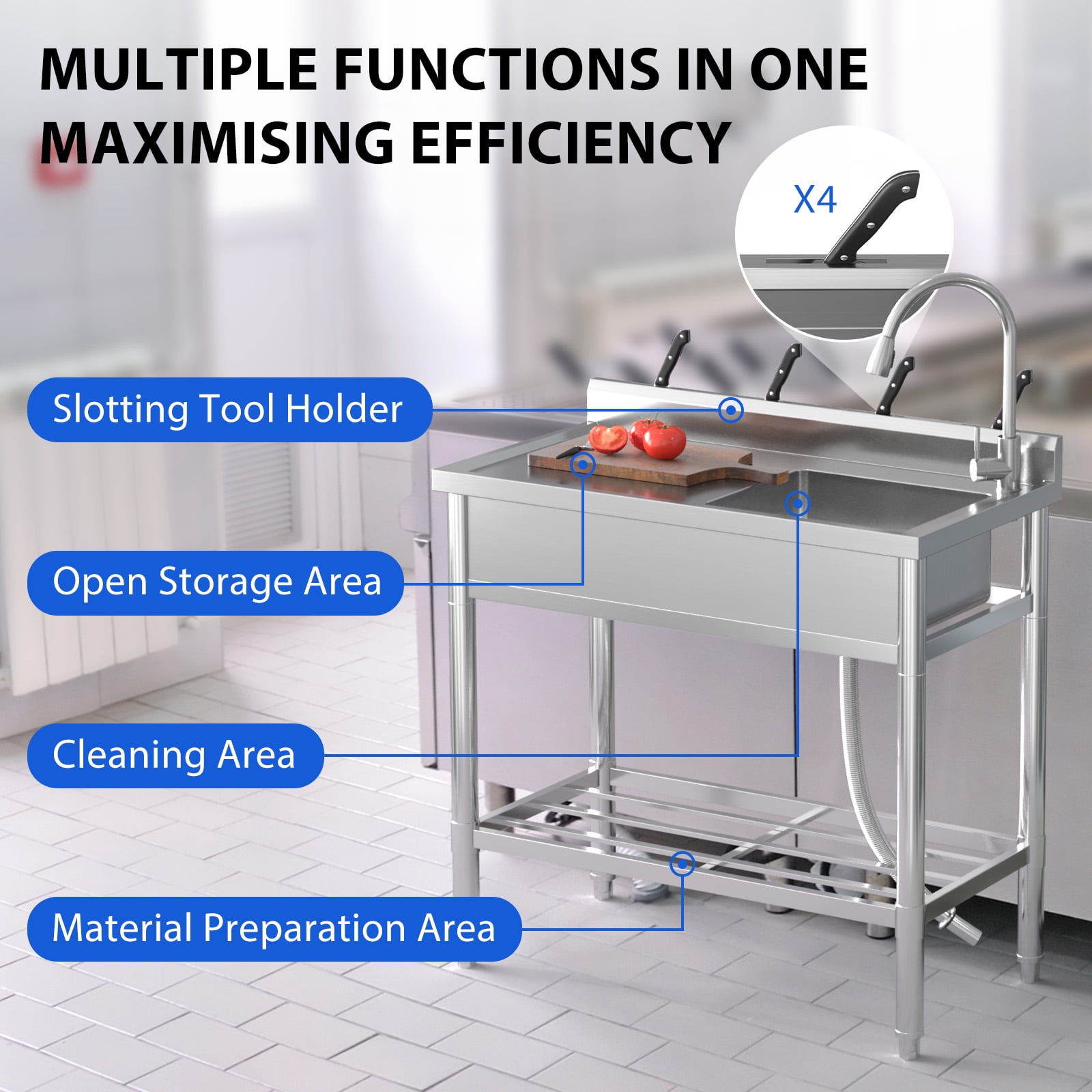 39 Inch Stainless Steel Utility Sink, Single Bowl w/Workbench Storage Shelf