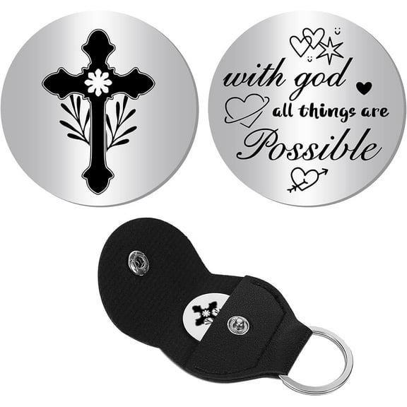 Pocket Hug Token Long Distance Relationship Keepsake Keychain Bible Verses Stainless Steel Double Sided Coin with PU Leather Clip Keychain for Christians Inspirational Gift 1.2Inch