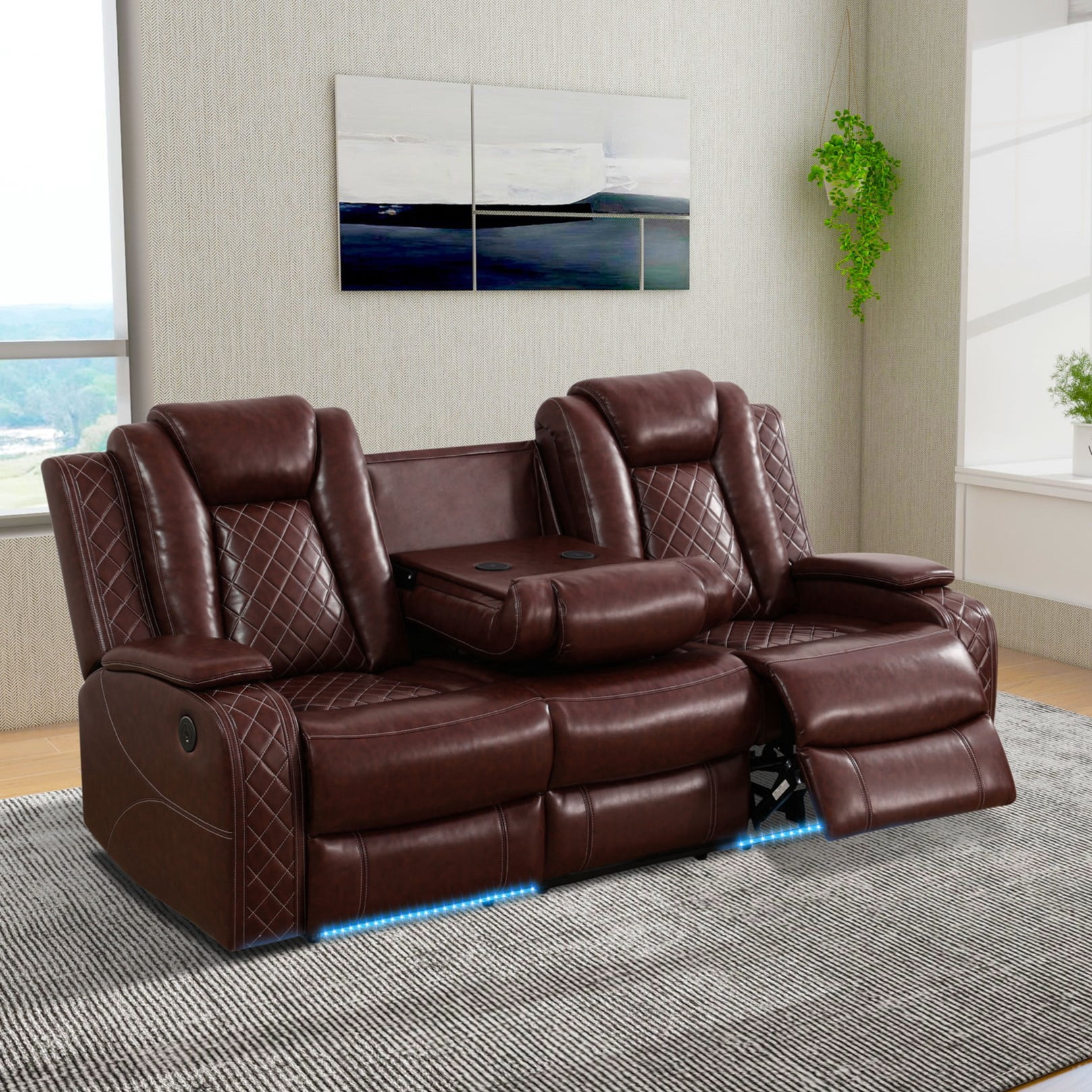 Gewnee Power Reclining Multifunctional Sofa with USB & Wireless Charging, Air Leather, Storage Console, Living Room,Reddish brown