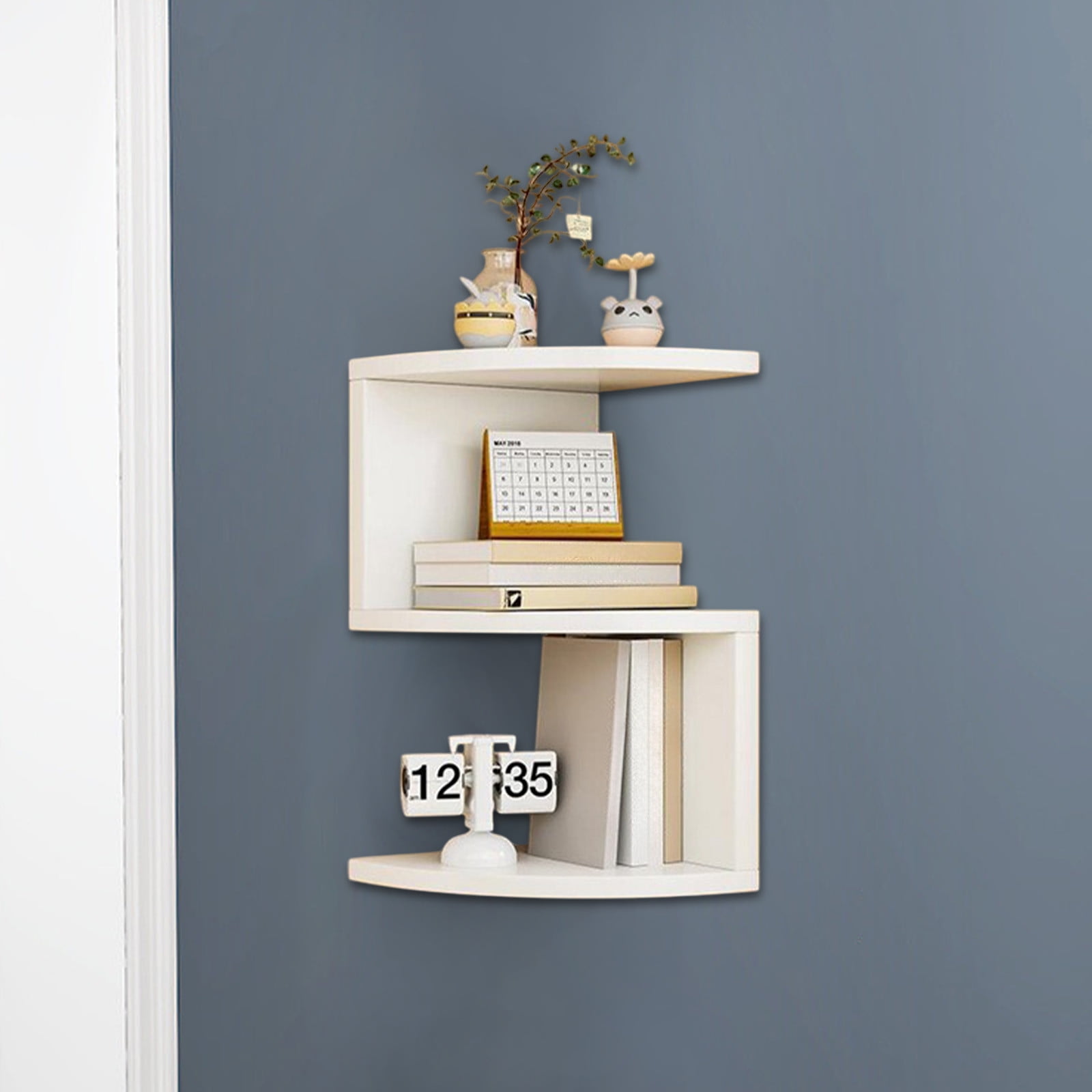 OKKVV Corner Shelf Wall Mount - 2-Tier Floating Corner Bookshelves Plant Shelf Wood Storage Rack for Home Office - White