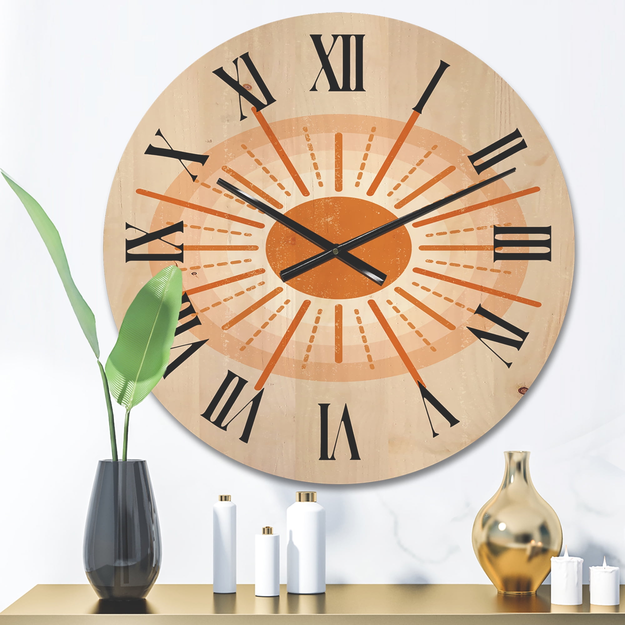 Designart 'Orange Radiant Sun II' Modern Wood Wall Clock