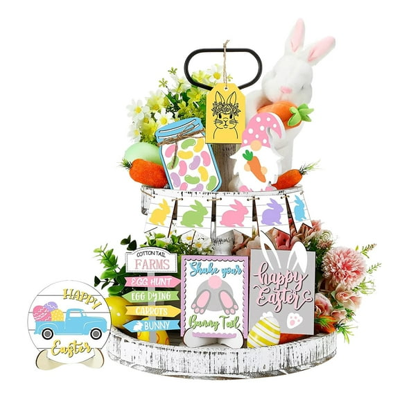 Easter Tray Decoration - 1 Set of Spring Tiered Tray Decor Wooden Table Signs Green Block Party Wood Table Centerpieces with Holder for Set of Spring Tiered Tray Decor Home Holiday Decor