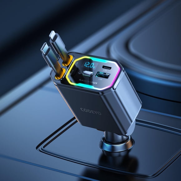 Cargador de coche CODEYO retráctil USB C 65W PD con luz RGB