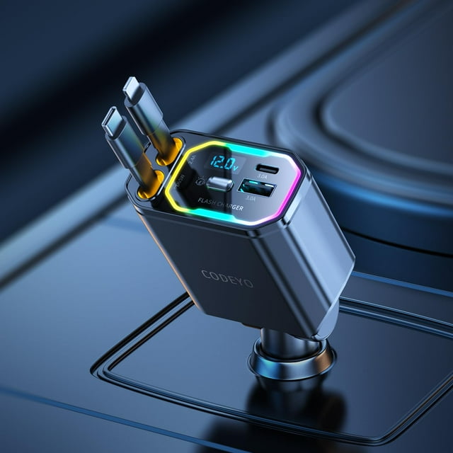 Cargador de coche CODEYO retráctil USB C 65W PD con luz RGB
