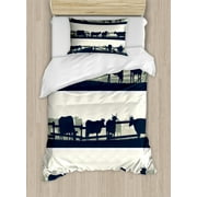 Fence Duvet Cover Set Twin Size, Agriculture Theme Grazing Farm Animals Cows Bulls Silhouette Rural, Decorative 2 Piece Bedding Set with 1 Pillow Sham, Dark Petrol Blue Off White, by Ambesonne