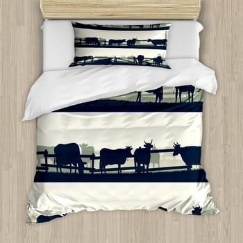 Fence Duvet Cover Set Twin Size, Agriculture Theme Grazing Farm Animals Cows Bulls Silhouette Rural, Decorative 2 Piece Bedding Set with 1 Pillow Sham, Dark Petrol Blue Off White, by Ambesonne